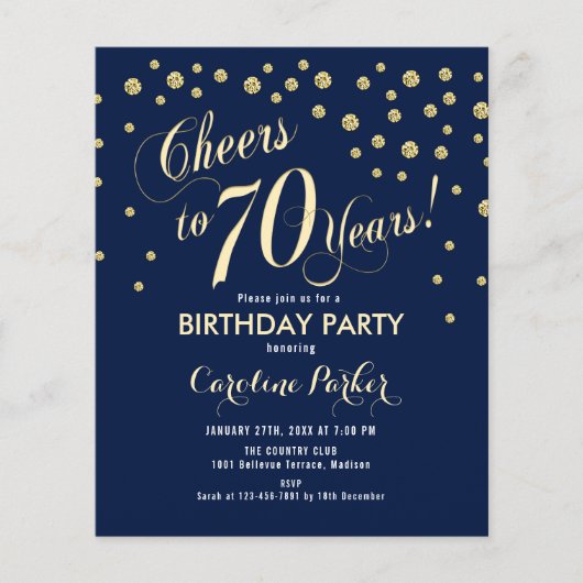 Budget 70th Birthday Party - Gold Navy Invitation Flyer (Voorkant)