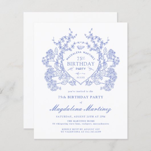 BUDGET 75e Verjaardag Blauwe Bloemkam (Voorkant / Achterkant)