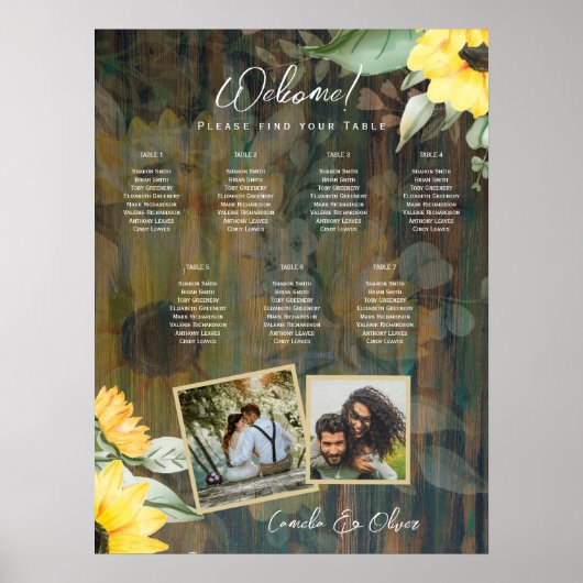 BUDGET 7Tafel Rustic Hout ZONNEBLOEMEN FOTO ZITTEN Poster (Voorkant)