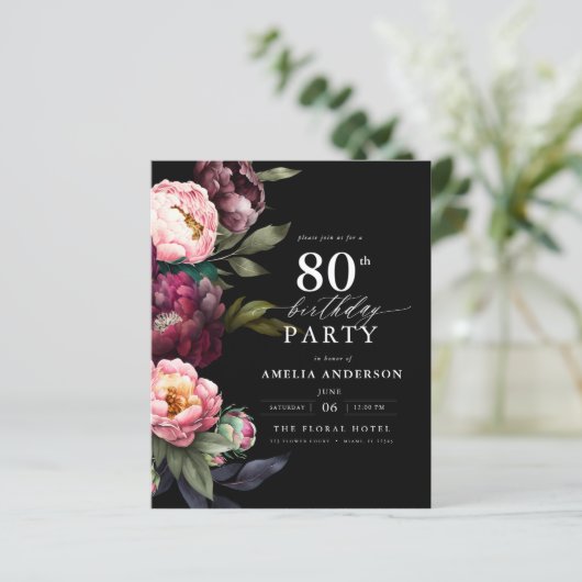 Budget 80e verjaardag Moody Bloemen Uitnodiging (Staand voorkant)