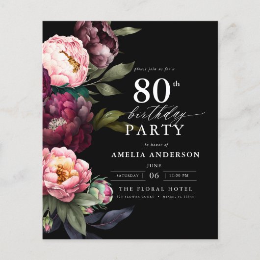 Budget 80e verjaardag Moody Bloemen Uitnodiging Flyer (Voorkant)