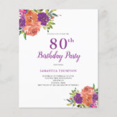 Budget 80e Verjaardag Paarse Bloemenuitnodiging Flyer (Voorkant)