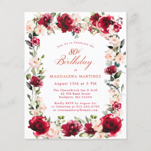 BUDGET 80ste verjaardag Red Rose Pink Peony Invite