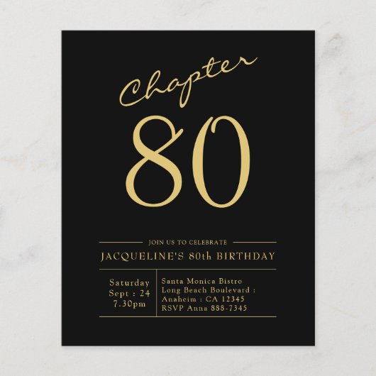 Budget 80th Birthday Invitation Black Gold Flyer (Voorkant)