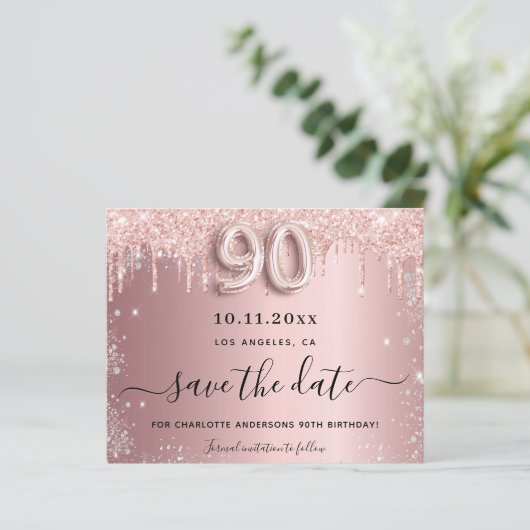 Budget 90e verjaardag blozend zilver save the date (Staand voorkant)