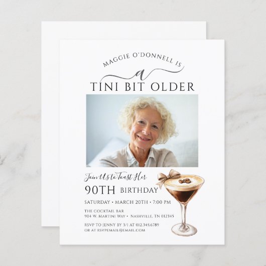 BUDGET 90e verjaardag Foto Martini Uitnodiging (Voorkant / Achterkant)