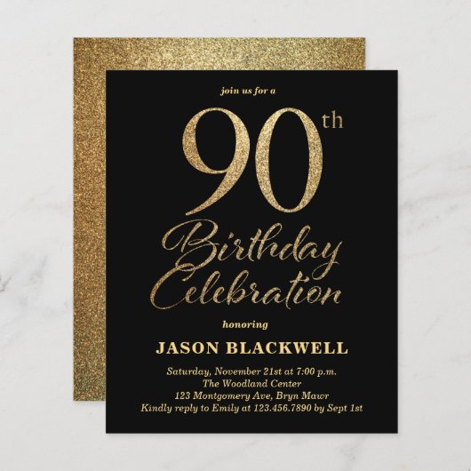Budget 90e verjaardag viering uitnodiging (Voorkant / Achterkant)