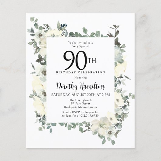 Budget 90e verjaardag Witte Bloemen Uitnodiging (Voorkant)