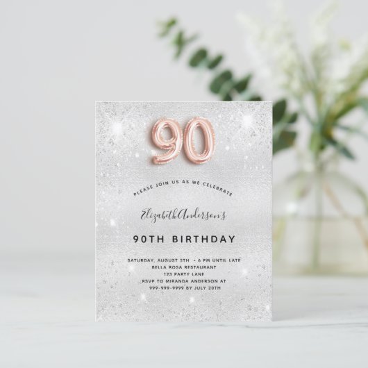 Budget 90e verjaardag zilveren roos gouduitnodigin (Staand voorkant)