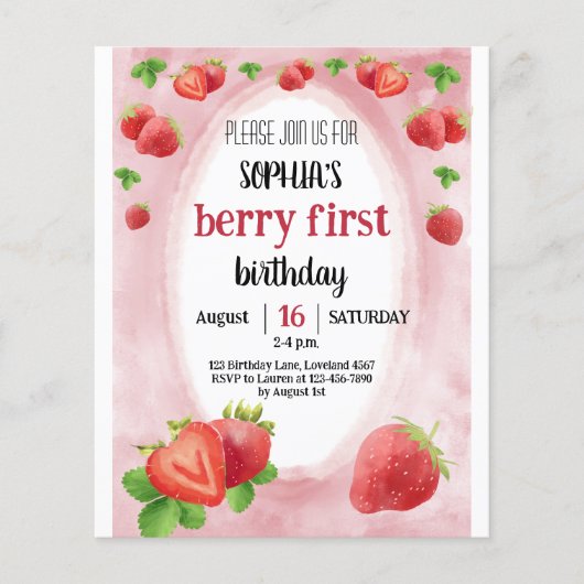 Budget Aardbei 1e Verjaardag Sweet Berry Invite (Voorkant)