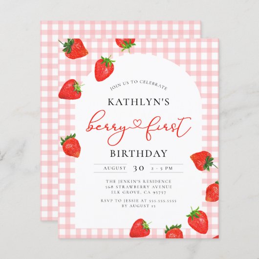 Budget Aardbei Verjaardag Berry Eerste uitnodiging (Voorkant / Achterkant)