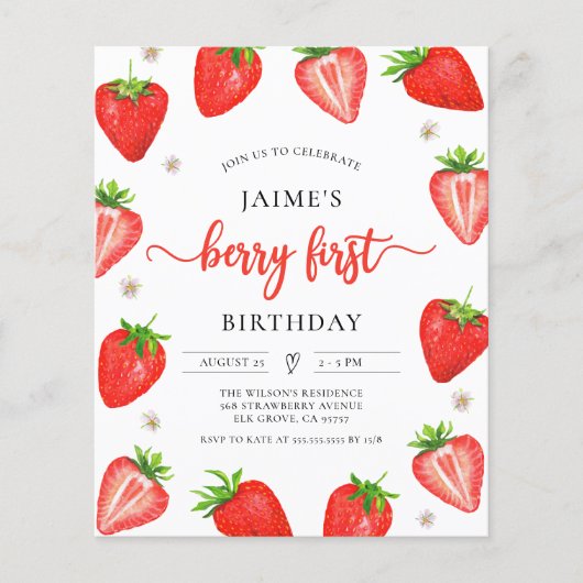 Budget aardbei verjaardag Berry Eerste Verjaardag (Voorkant)