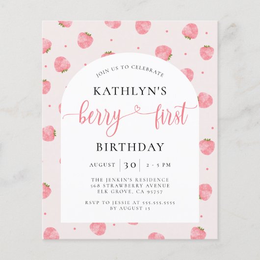 Budget Aardbeien Berry Eerste Verjaardag Uitnodigi (Voorkant)