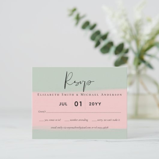 BUDGET Abstracte Sage Blush Pink Script Wedset Briefkaart (Staand voorkant)
