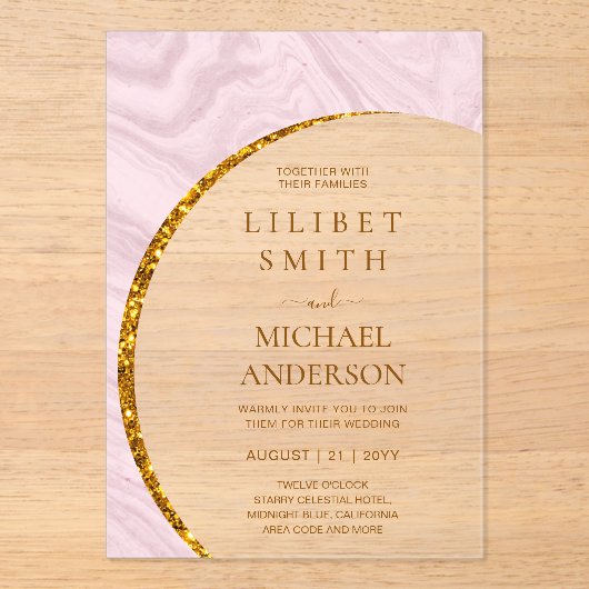 BUDGET Acryl bruiloft Dusty Blush Pink Gold Chic Acryl Uitnodigingen (Voorkant)