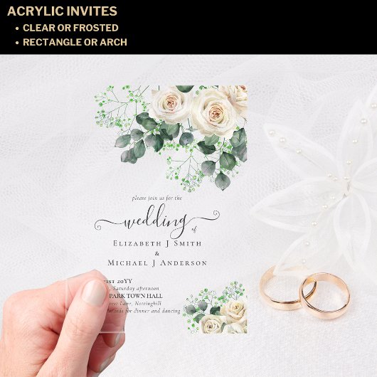 BUDGET Acryl Clear Wedding White Roses Greenery Acryl Uitnodigingen