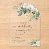 BUDGET Acryl Clear Wedding White Roses Greenery Acryl Uitnodigingen (Voorkant)