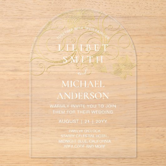 BUDGET Acryl Huwelijk Goud Wit Elegant Chic Acryl Uitnodigingen (Voorkant)
