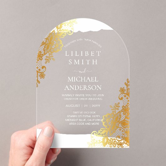 BUDGET Acryl Trouw Gouden Lace Filigraan Elegant  Acryl Uitnodigingen (Insitu (Draagbaar))