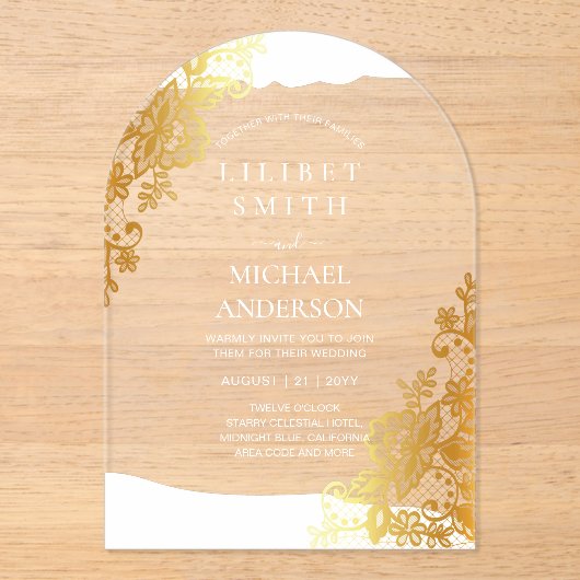 BUDGET Acryl Trouw Gouden Lace Filigraan Elegant  Acryl Uitnodigingen (Voorkant)