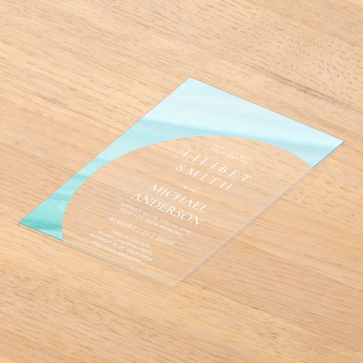 BUDGET Acryl Trouwpastel Aqua Blauw Wit Tekst Acryl Uitnodigingen (Laagn)