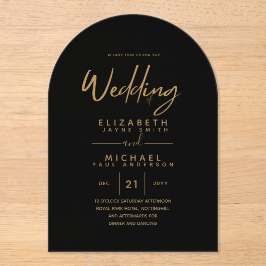 BUDGET Acryl Zwart Goud Tekst Elegante bruiloft Acryl Uitnodigingen (Voorkant)