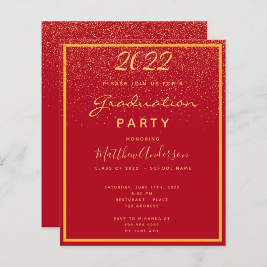 Budget Afstuderen 2025 partij rood goud uitnodigin (Voorkant / Achterkant)