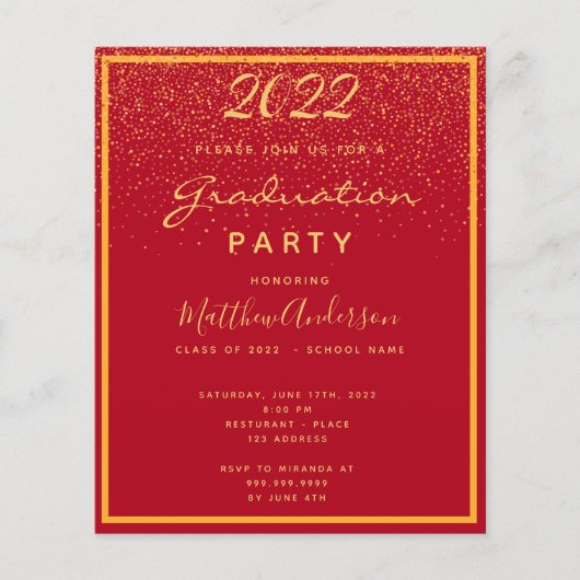 Budget Afstuderen 2025 partij rood goud uitnodigin (Voorkant)