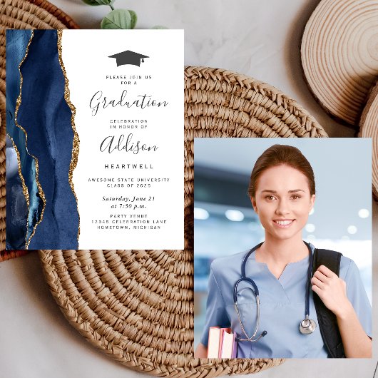 Budget Afstuderen Blauw Goud Agate Foto Uitnodigin