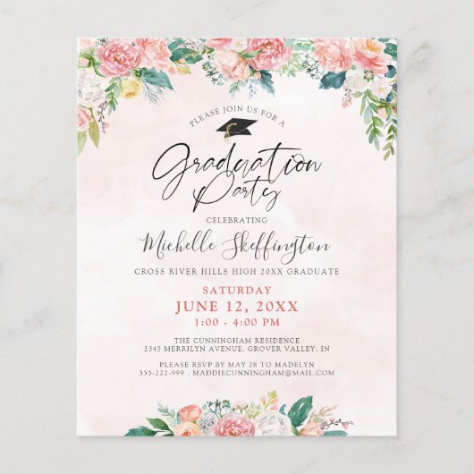 Budget Afstuderen Elegant Floral Script Invitation (Voorkant)