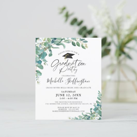 Budget Afstuderen Eucalyptus Script Uitnodiging (Staand voorkant)