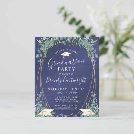 Budget Afstuderen Navy Blue Botanical Invitation (Staand voorkant)