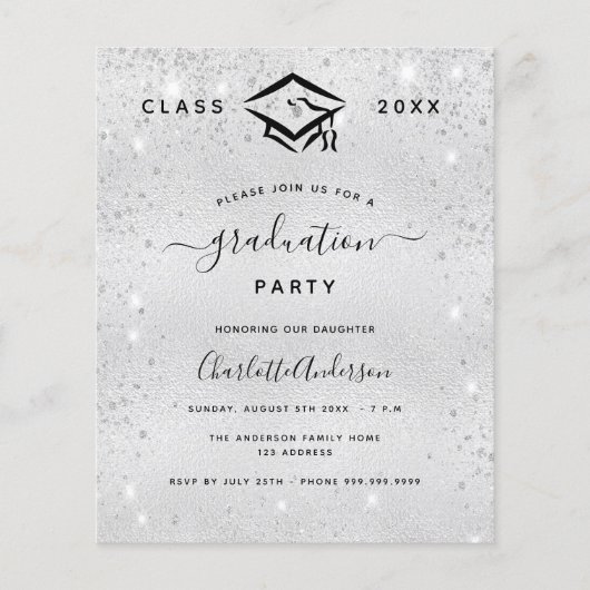 Budget afstuderen zilveren glitter modern (Voorkant)