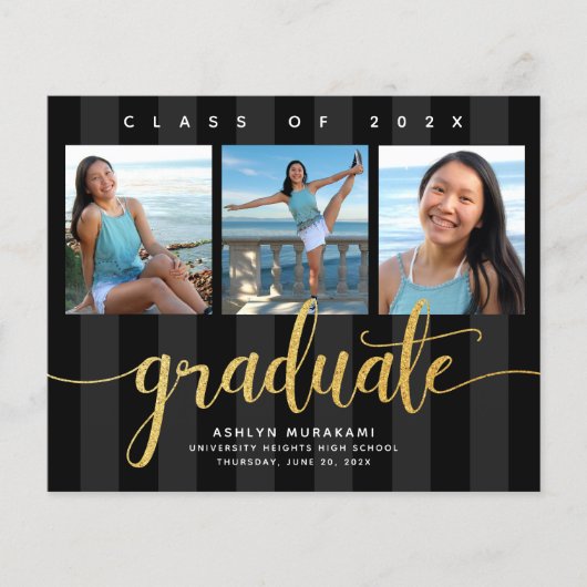 Budget afstuderen zwart goud 3 foto uitnodiging (Voorkant)