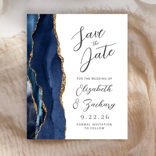 Budget Agaat Navy Blue Gold Script Save the Date