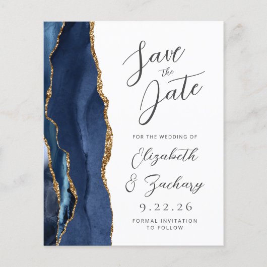 Budget Agaat Navy Blue Gold Script Save the Date (Voorkant)