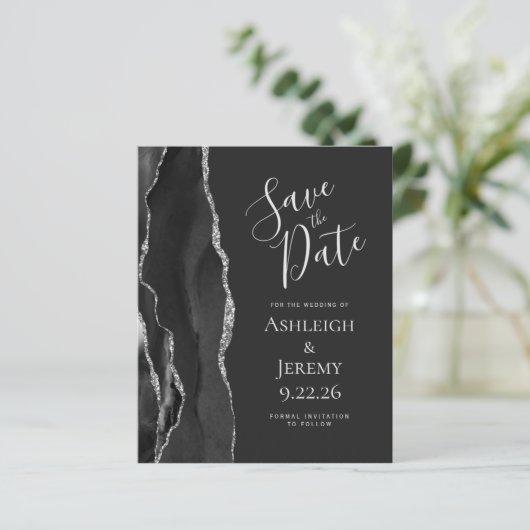 Budget Agate Black Silver Dark Save the Date (Staand voorkant)