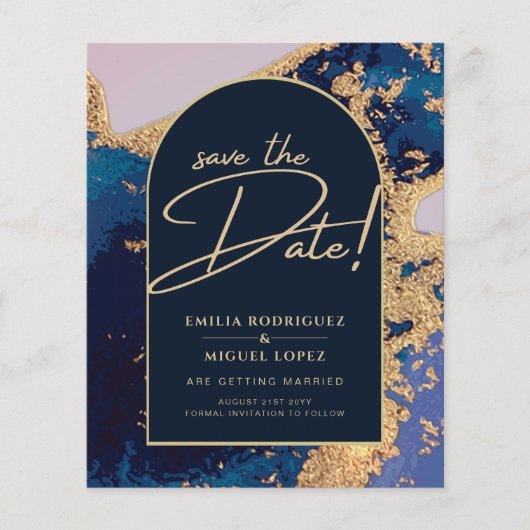 Budget Agate Blauw Gouden Trouw Save the Dates Flyer (Voorkant)