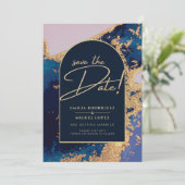 Budget Agate Blauw Gouden Trouw Save the Dates Kaart (Staand voorkant)