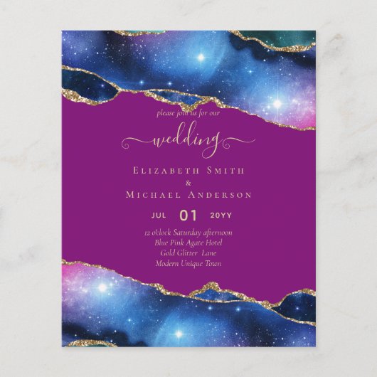 BUDGET AGATE Blauw Paars Roze Goud Trouw UITNODIGI Flyer (Voorkant)