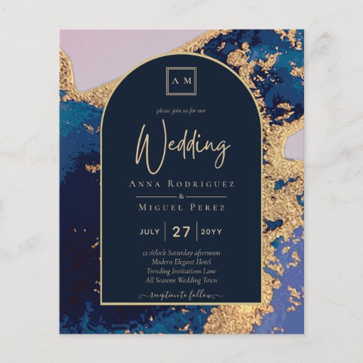 Budget Agate Blauwe Gouden Trouw Uitnodiging QR Co (Voorkant)