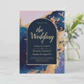 Budget Agate Blauwe Gouden Trouw Uitnodiging QR Co (Staand voorkant)