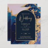 Budget Agate Blue Gold Wedding nodigt QR Code RSVP (Voorkant / Achterkant)