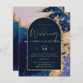 Budget Agate Blue Gold Wedding nodigt QR Code RSVP (Voorkant / Achterkant)