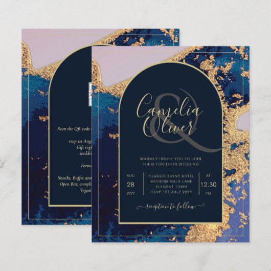 Budget Agate Blue Gold Wedding nodigt QR Code RSVP (Voorkant / Achterkant)