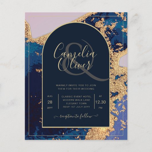 Budget Agate Blue Gold Wedding nodigt QR Code RSVP (Voorkant)