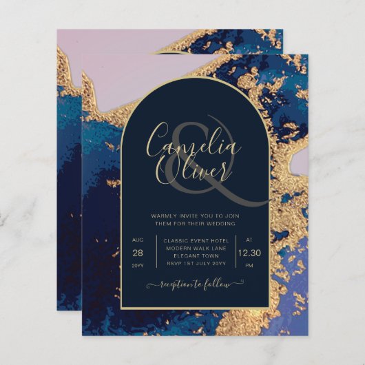 Budget Agate Blue Gold Wedding nodigt QR Code RSVP (Voorkant / Achterkant)