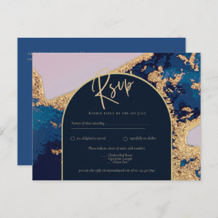 Budget Agate Blue Gold Wedding nodigt QR Code RSVP Briefkaart