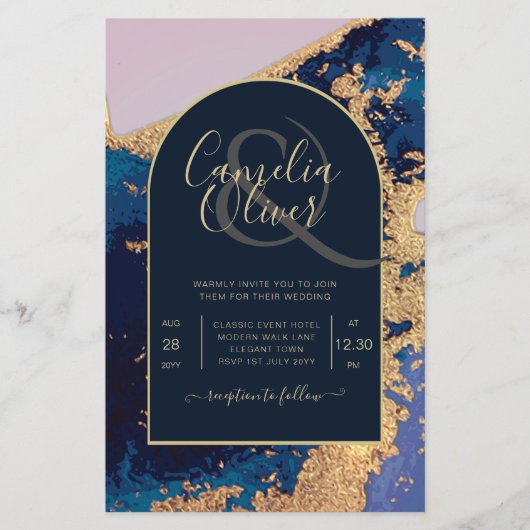 Budget Agate Blue Gold Wedding nodigt QR Code RSVP Flyer (Voorkant)