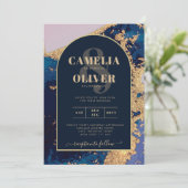 Budget Agate Blue Gold Wedding nodigt QR Code RSVP Kaart (Staand voorkant)